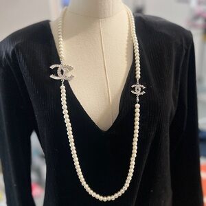Long or double wrapped Elegant Pearl Necklace with Silver Accents